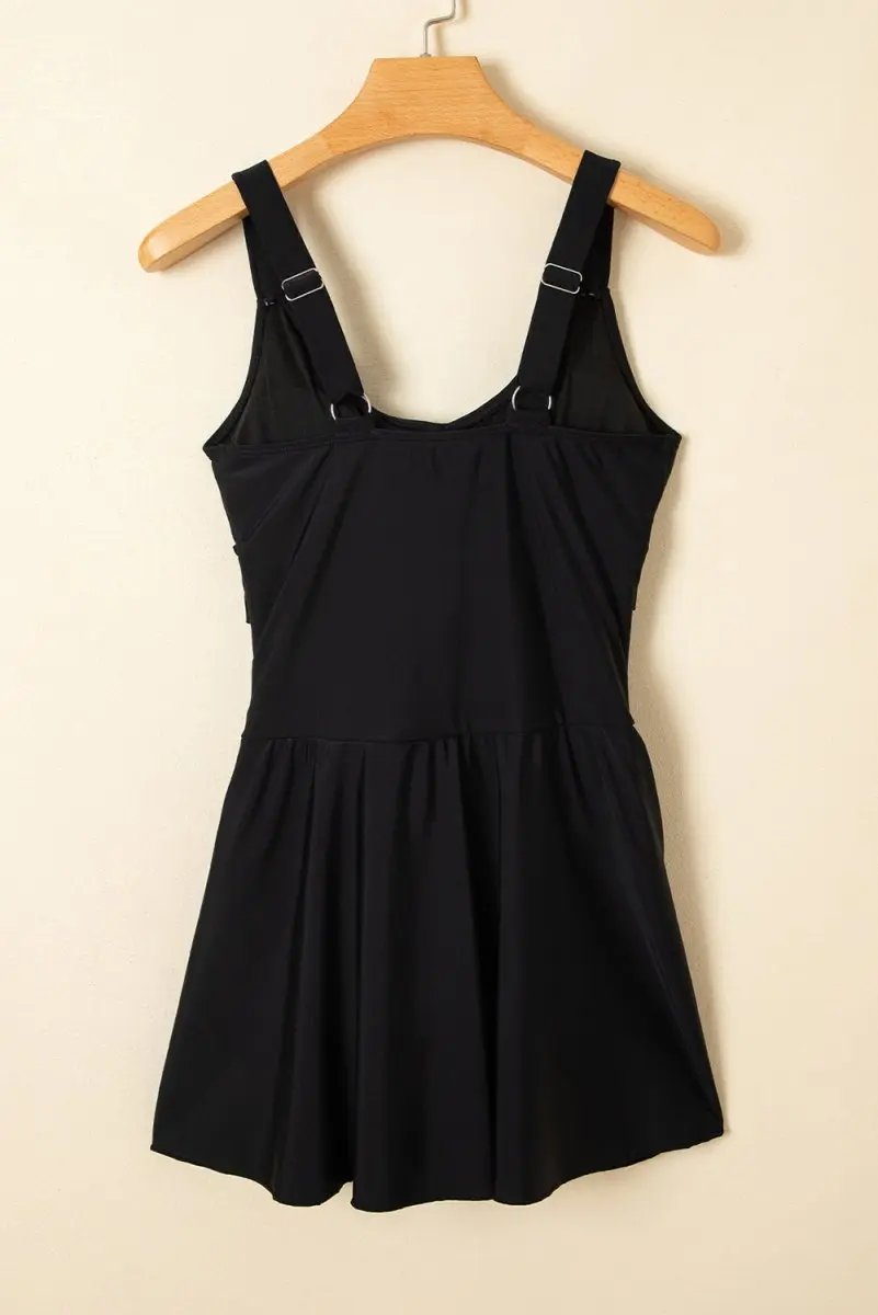 Black Adjustable Straps Cutout Ruched Knot Slit Swim Dress - Love Salve
